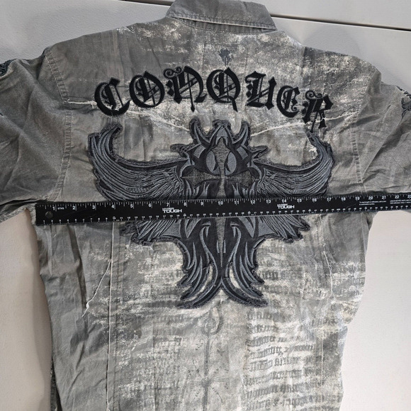 Roar Shirt Men's Small Bleached Gray Embordered Wings Conquer Y2K Button Down - Picture 14 of 16